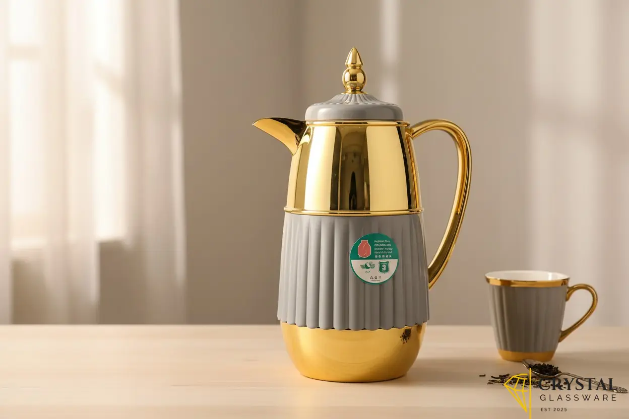 Vacuum flask features a distinctive gold-plated upper body and a pleated grey lower base